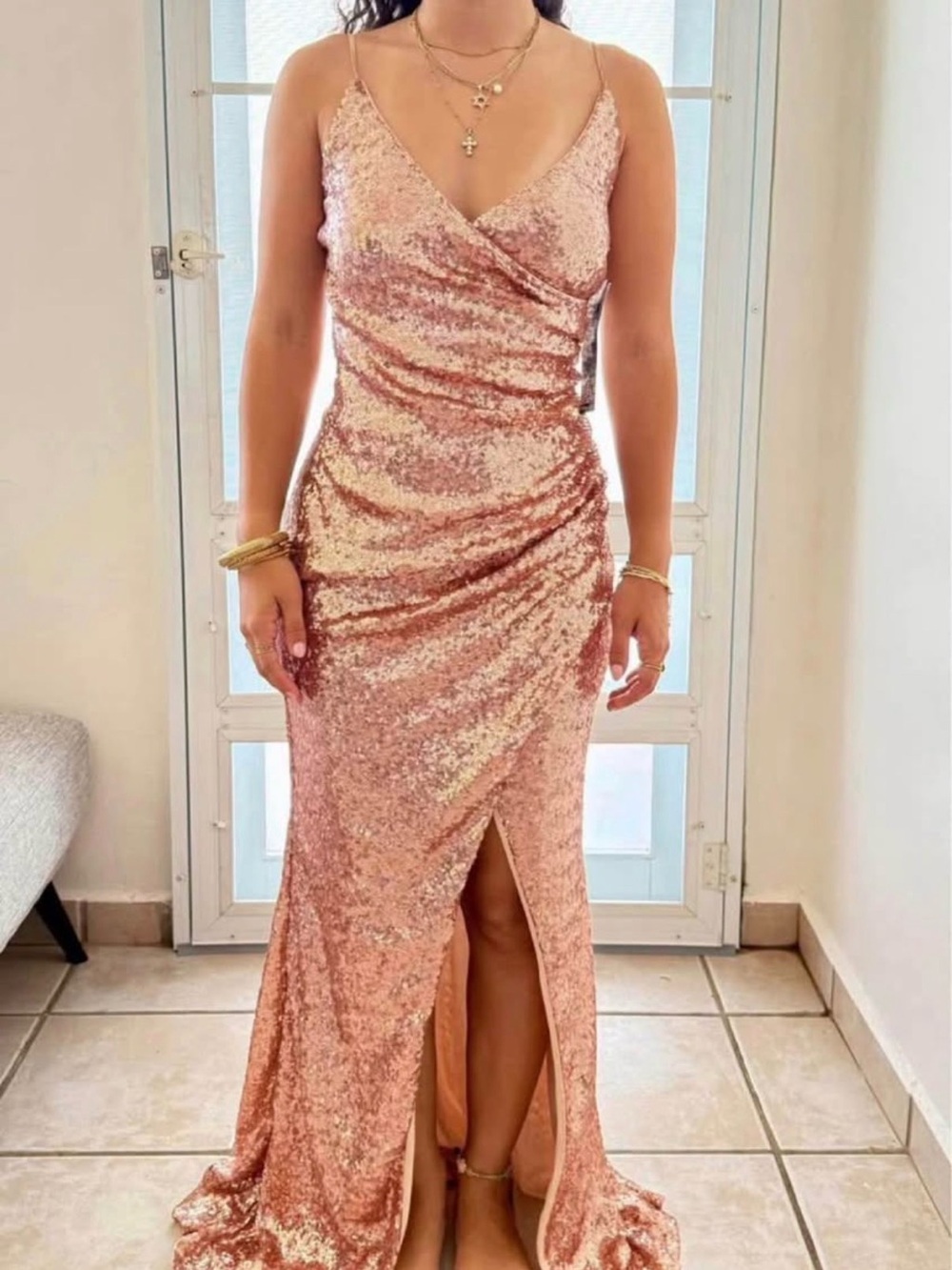 Trixxi Rose Gold Sequin Wrap V-Neck Prom Gown
